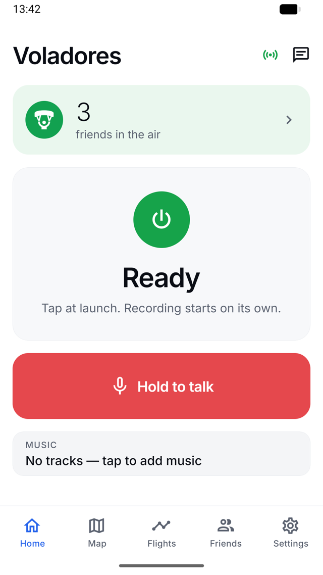 Home screen: Ready button and 3 friends in the air
