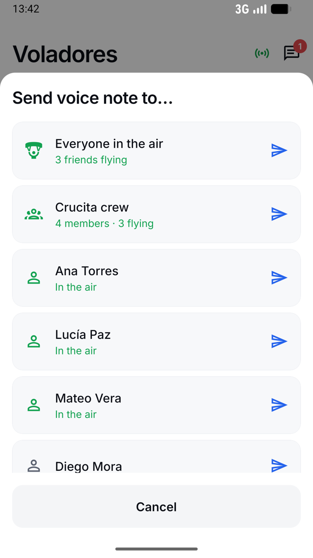 Send voice note to everyone in the air, a group or one friend